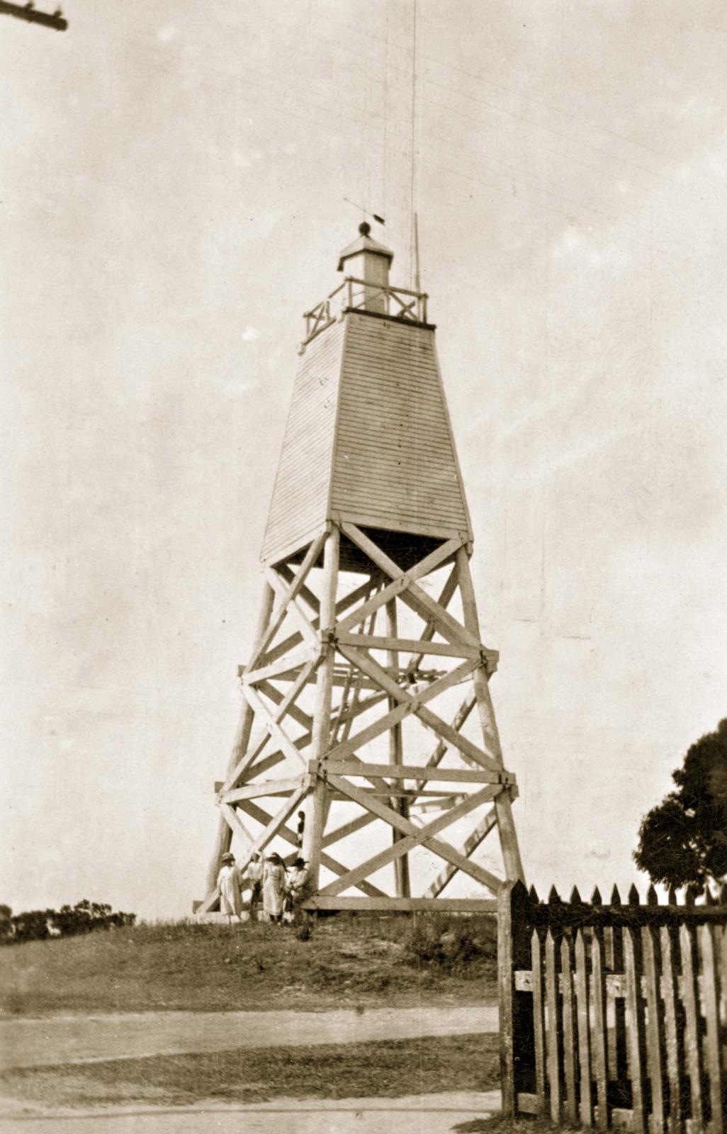 The Busselton Lighthouse in the 1920s.  You can see the copper ball supporting the wind vane at the top.  Photo 4065 BHS Archive