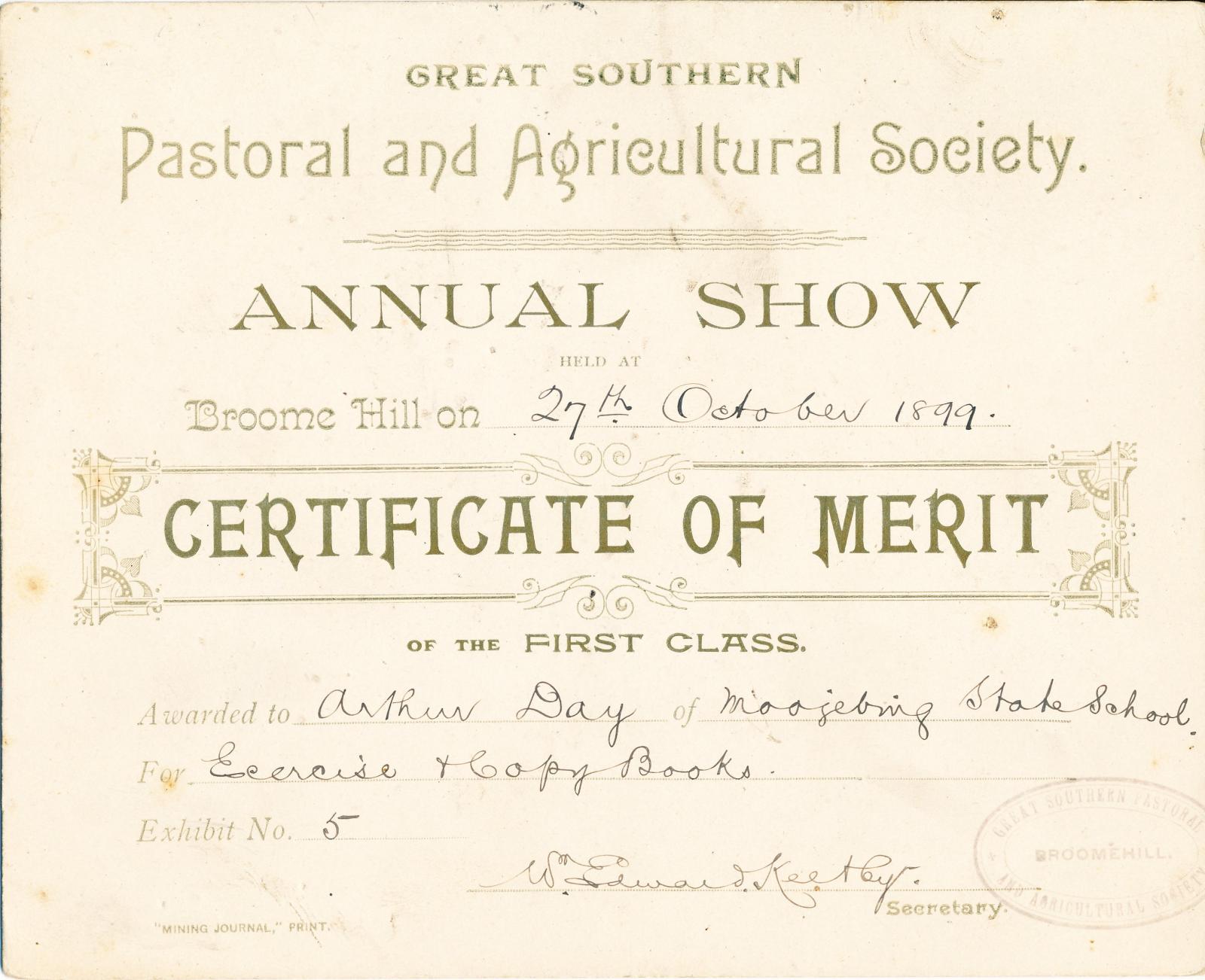 Certificate of Merit awarded to Arthur Day