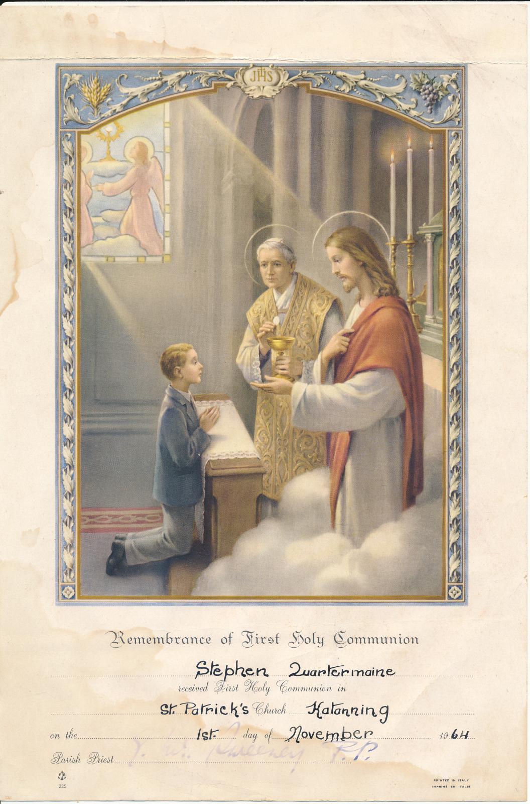 Stephen Quartermaine's Holy Communion Certificate