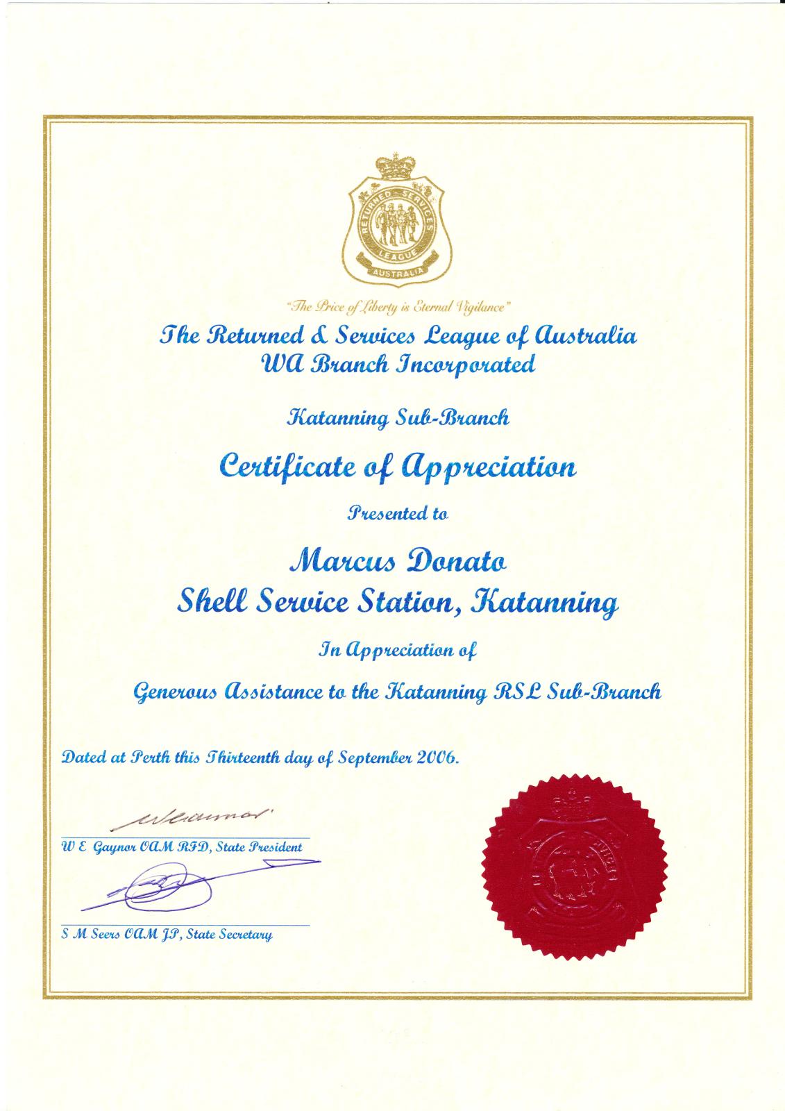 Certificate of appreciation to Marcus Donato