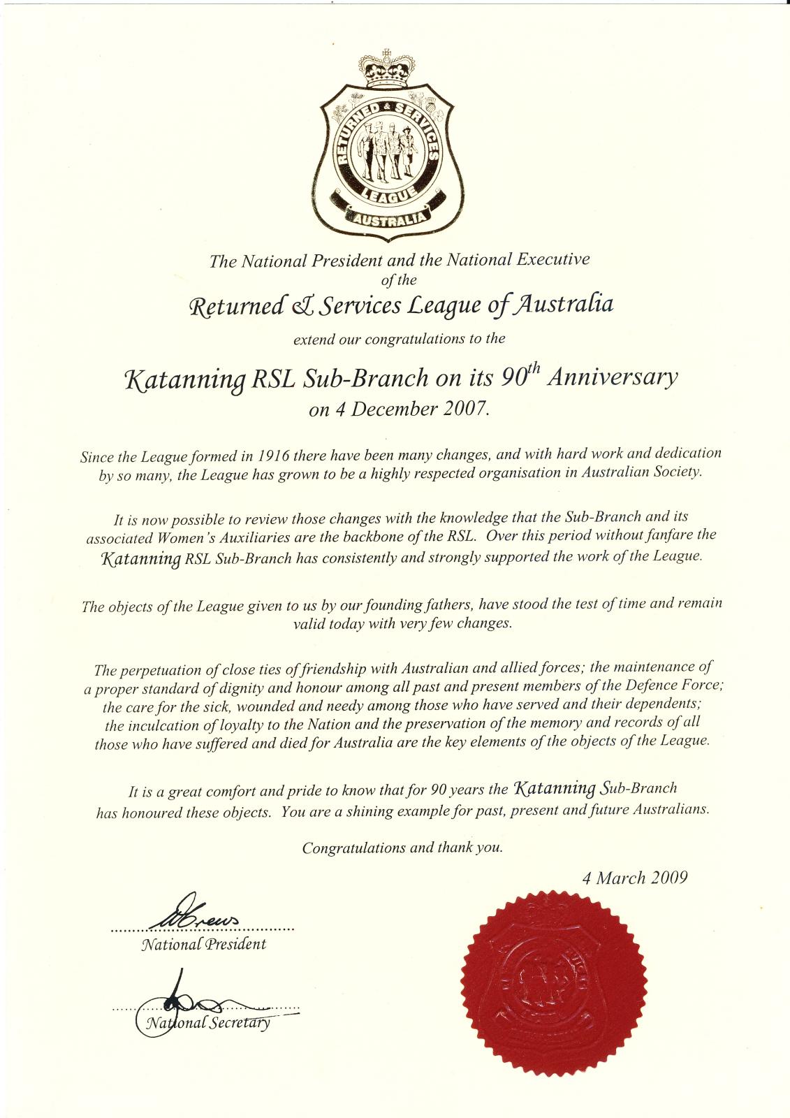 Certificate of appreciation to Katanning RSL Sub-Branch