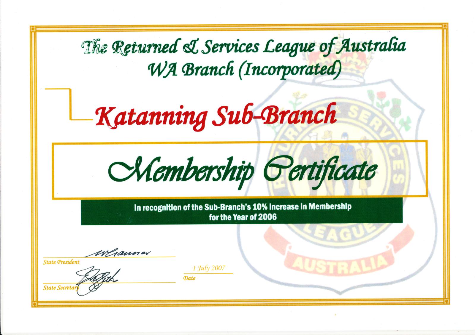 Certificate of appreciation to Katanning RSL Sub-Branch