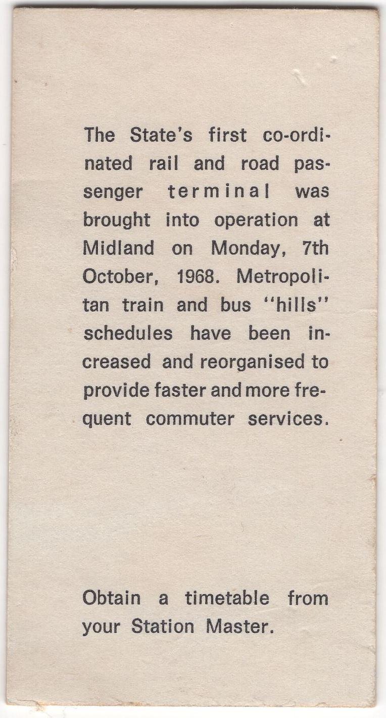 Reverse of Ticket 00000 announcing operation of Western Australia's first co-ordinated rail and road passenger terminal commencing 7th October, 1968'.