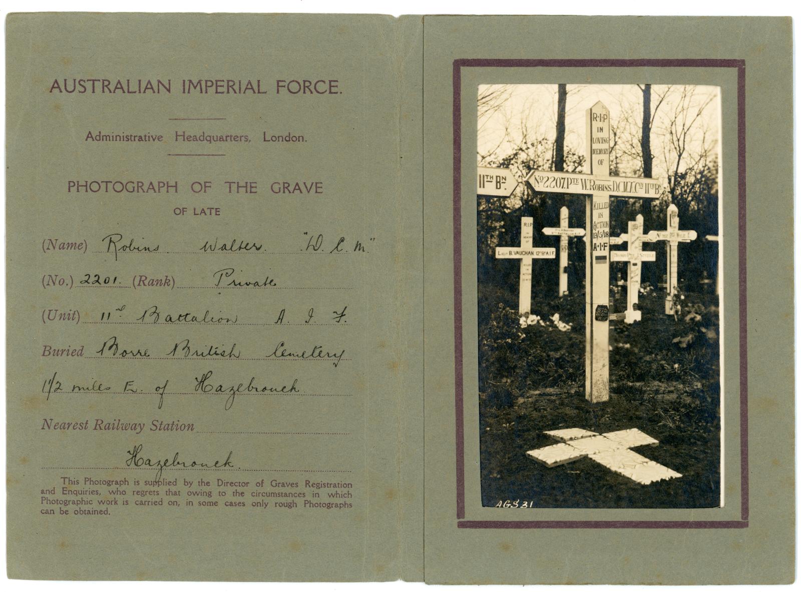 Black & white photograph of Pte ROBINS gravesite in A.I.F folder
