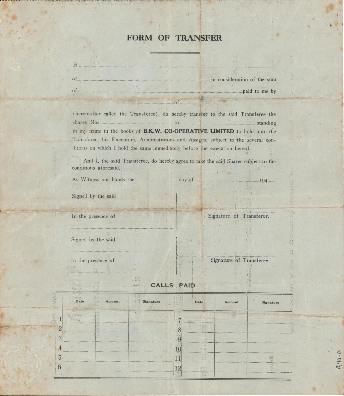 Back of BKW Co-op Share Certificate