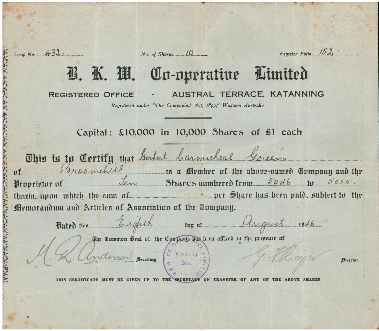 BKW Co-op Share Certificate