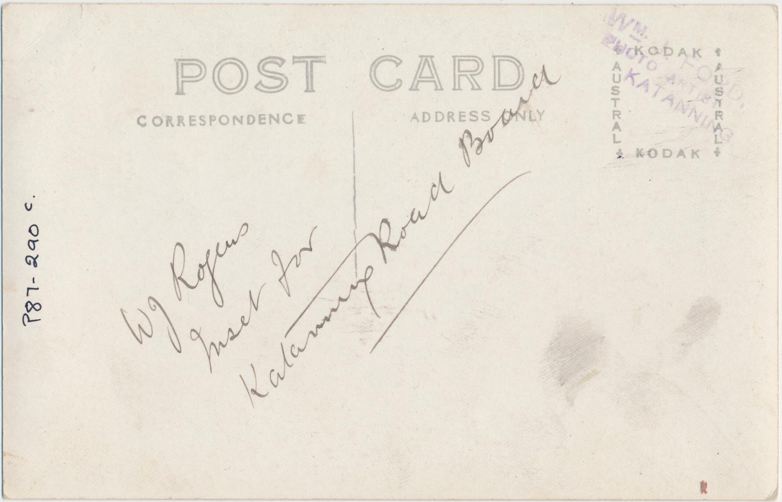 Back of postcard of W.J. Rogers