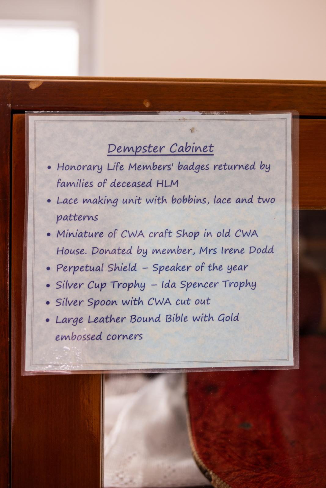 Dempster Cabinet contents