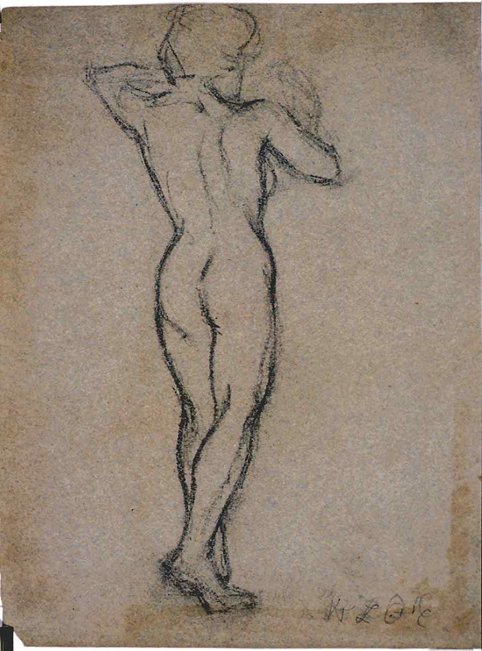 Figurative charcoal drawing depicting the back of a nude female figure