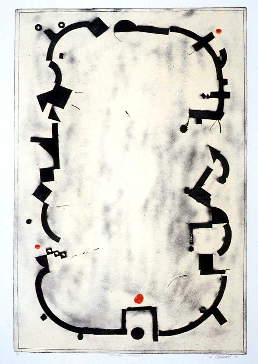 Abstract etching depicting a jagged black line in an oblong shape around the border of the image on a cream background