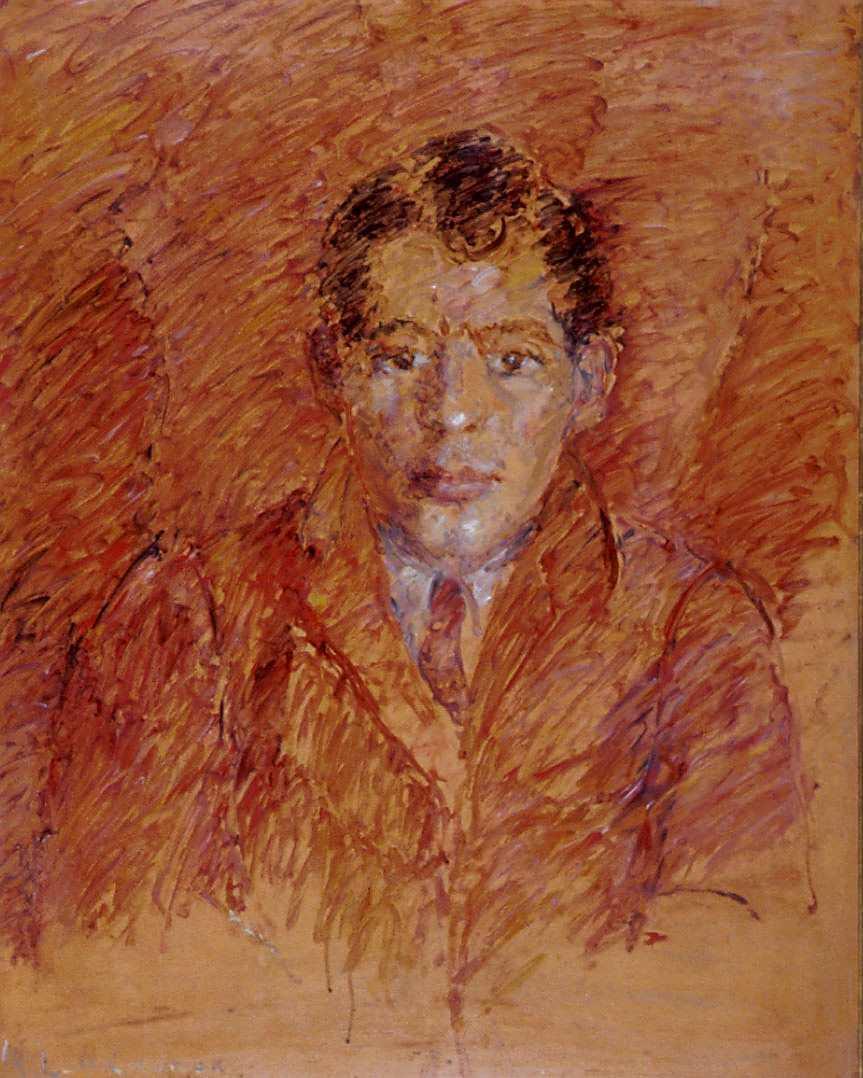 Oil painting portrait of front facing man in orange