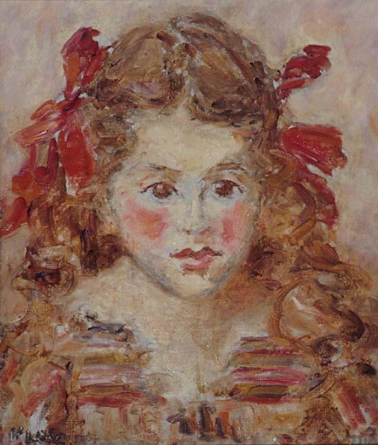 Oil paint front facing portrait of girl. The girl is depicted in warm tones, with brown hair and eyes. The girl has bright red ribbons in her hair and pink blush on her cheeks