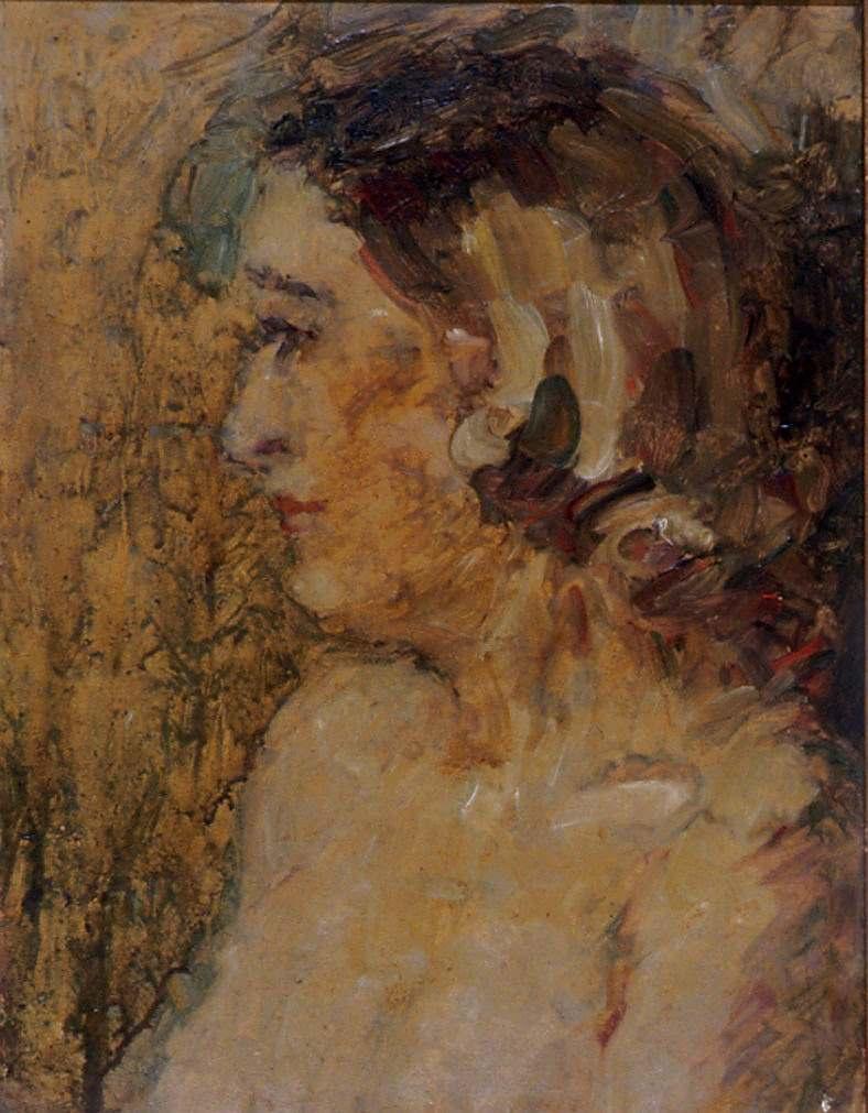 Oil paint portrait of woman in profile, facing the left 