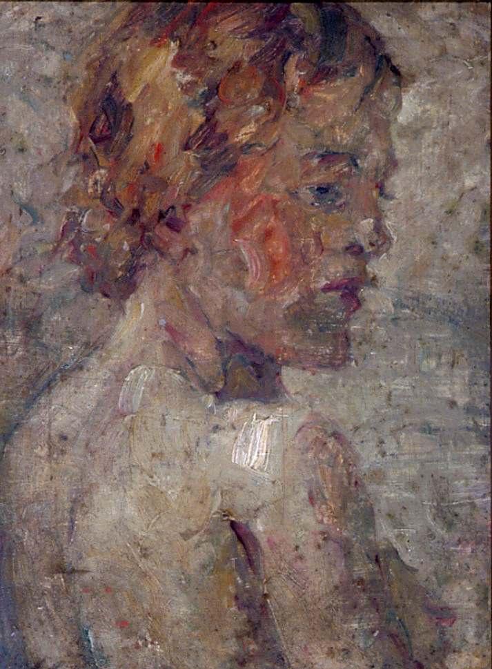 Oil paint portrait of woman in profile looking slightly over her right shoulder 