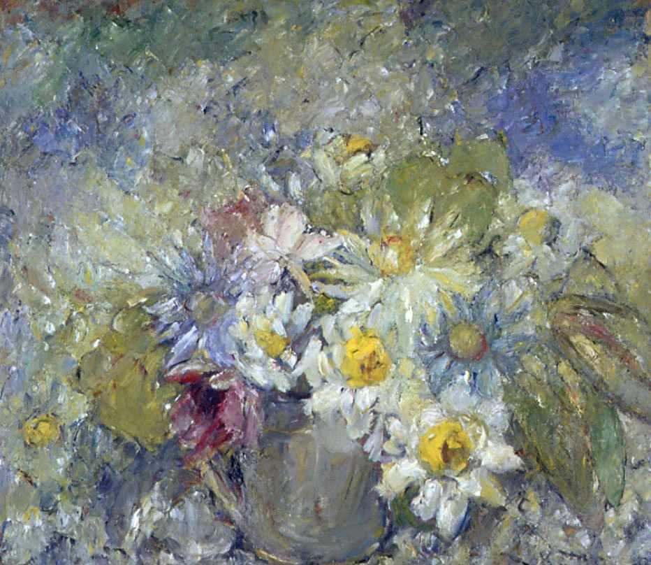 Still life painting of a vase of daisies. Background is a mix of various shades of blue and green, the daisies are white with yellow centres and are in a silver coloured vase