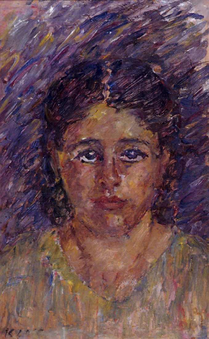 Oil paint portrait of front facing woman on purple background