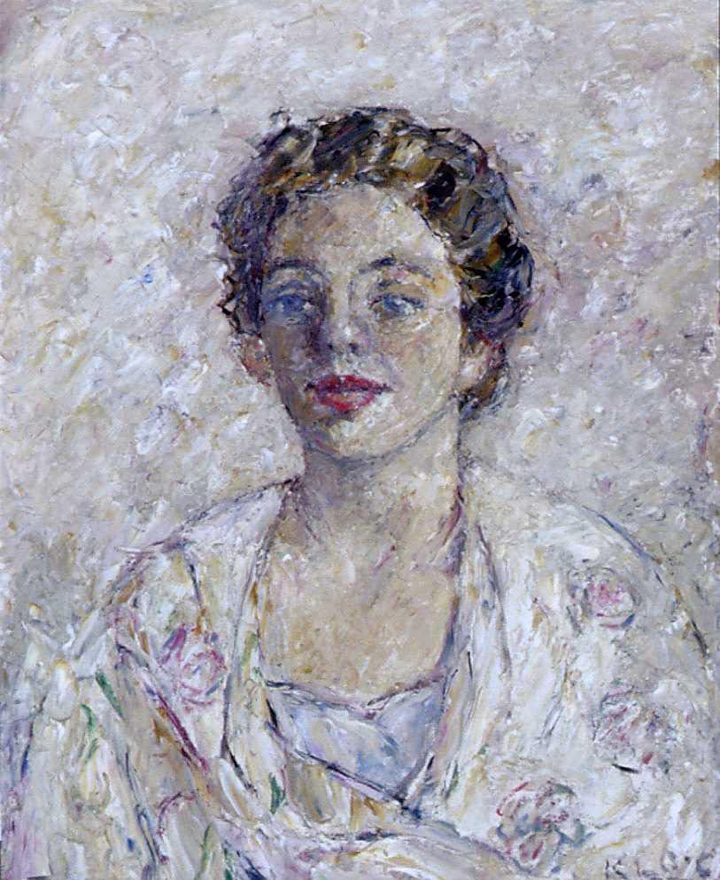 Oil paint portrait of front facing lady wearing cream and pale purple coloured gown on a cream coloured background