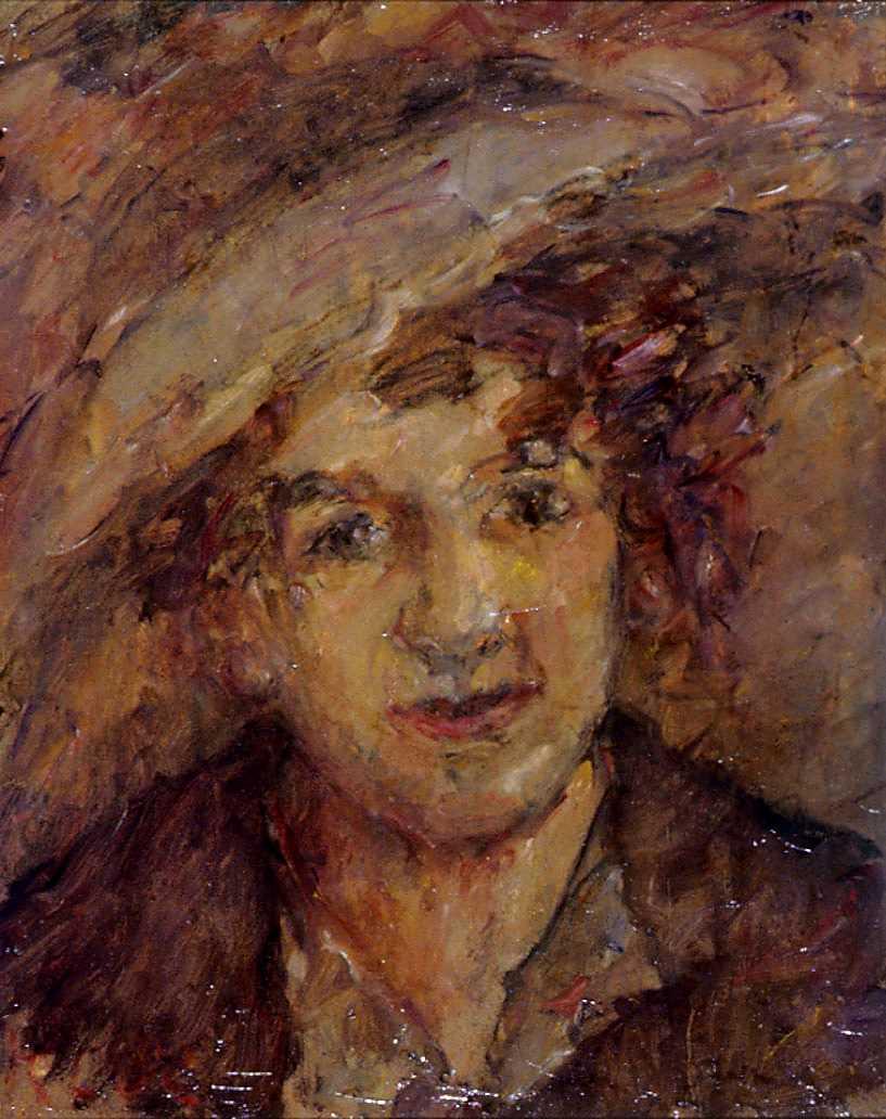 Oil paint portrait painted in brown tones of front facing woman wearing a hat 