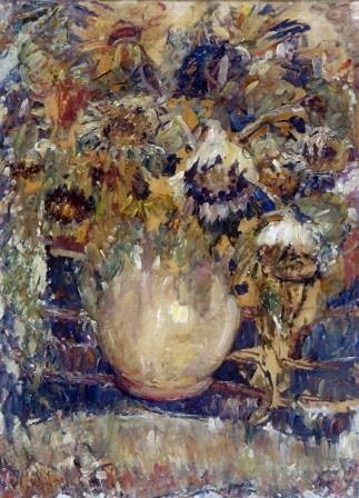 Oil painting depicting a pale brown vase with wilting sunflowers