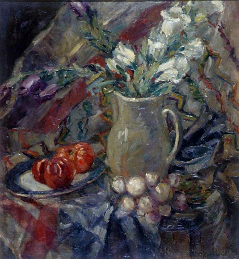 Oil painting still life depicting a plate of tomatoes next to a vase of white flowers