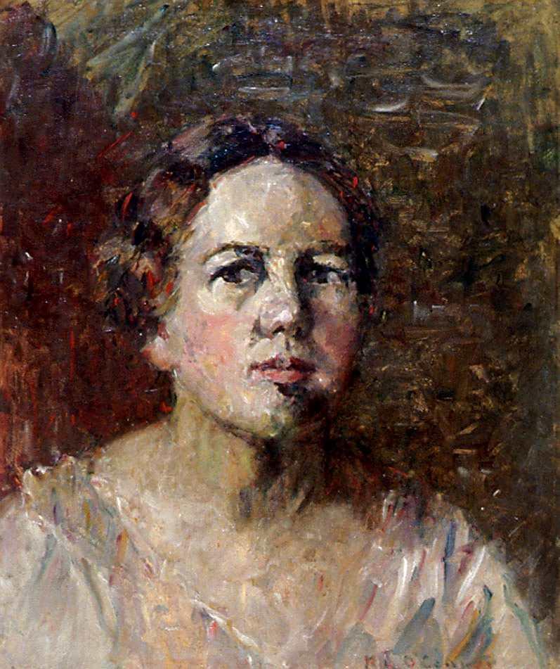 Oil paint front facing self portrait of Kathleen O'Connor on background painted with various shades of brown and red