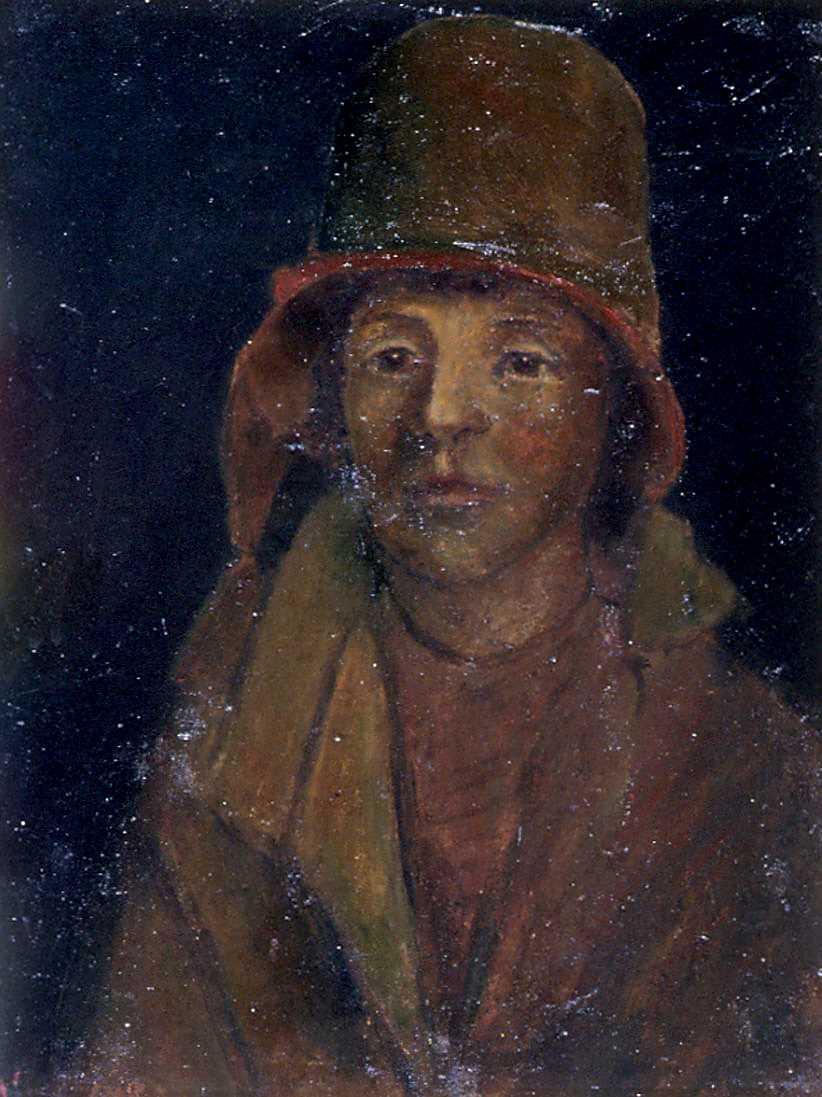 Oil paint portrait of front facing woman wearing hat and coat on a bluish black background