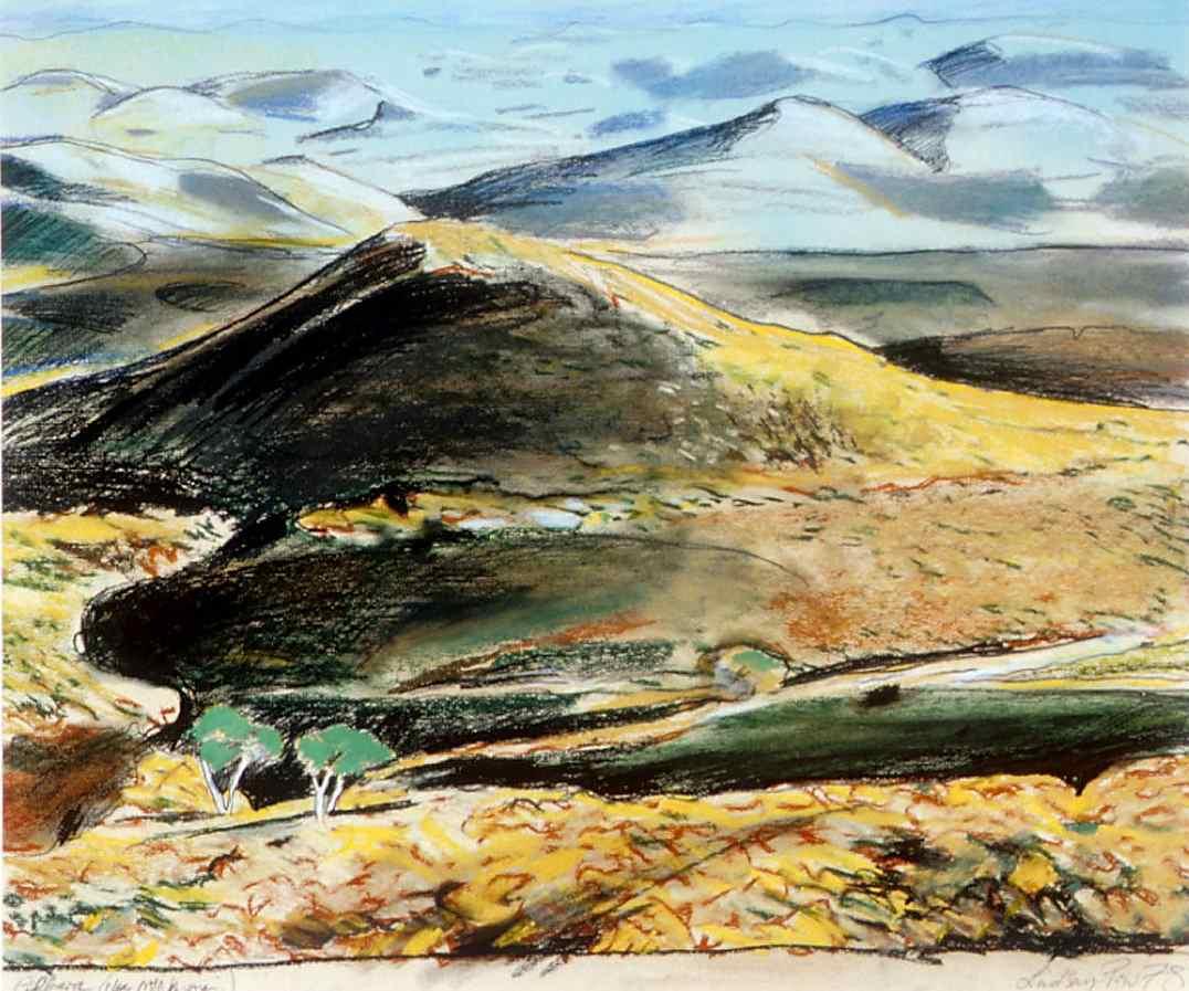 Pastel drawing depicting view of hills from a high vantage point and two green trees in lower left foreground