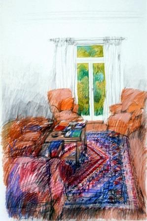 Oil crayon and pencil drawing of living room showing orange armchairs and couch, multicoloured rug, white walls and large window