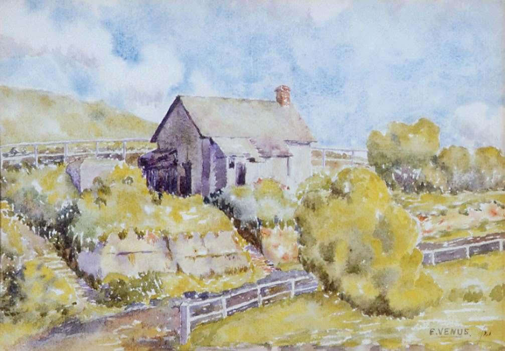 Watercolour painting of a stone cottage on a hillside