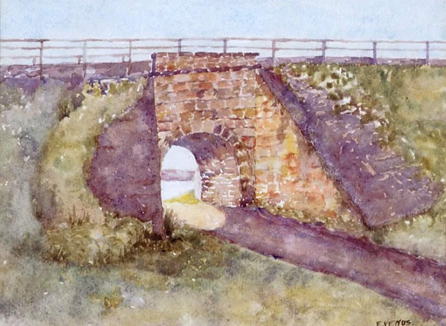 Watercolour painting depicting stone archway under the old traffic bridge in Fremantle