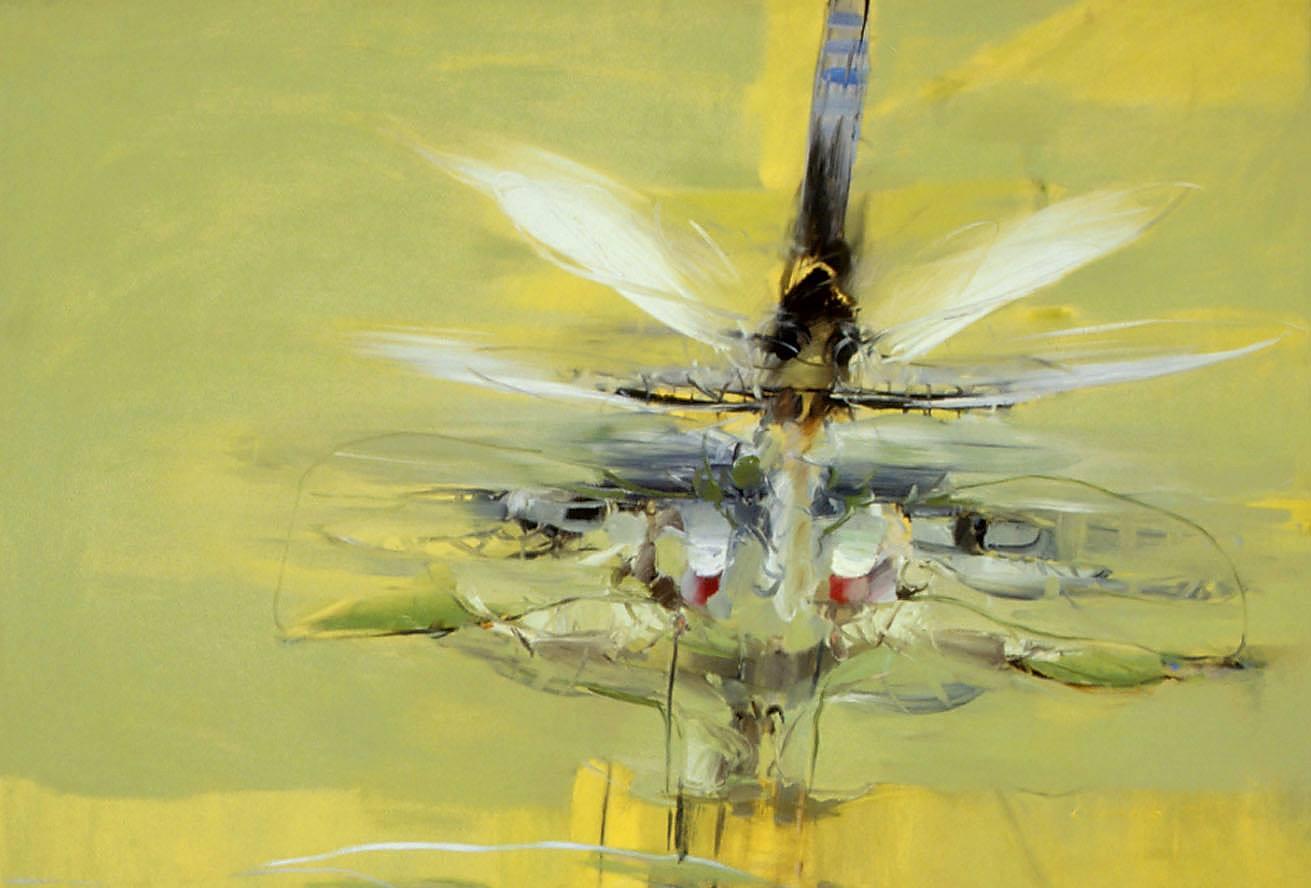 Painting of dragonfly on yellow green background