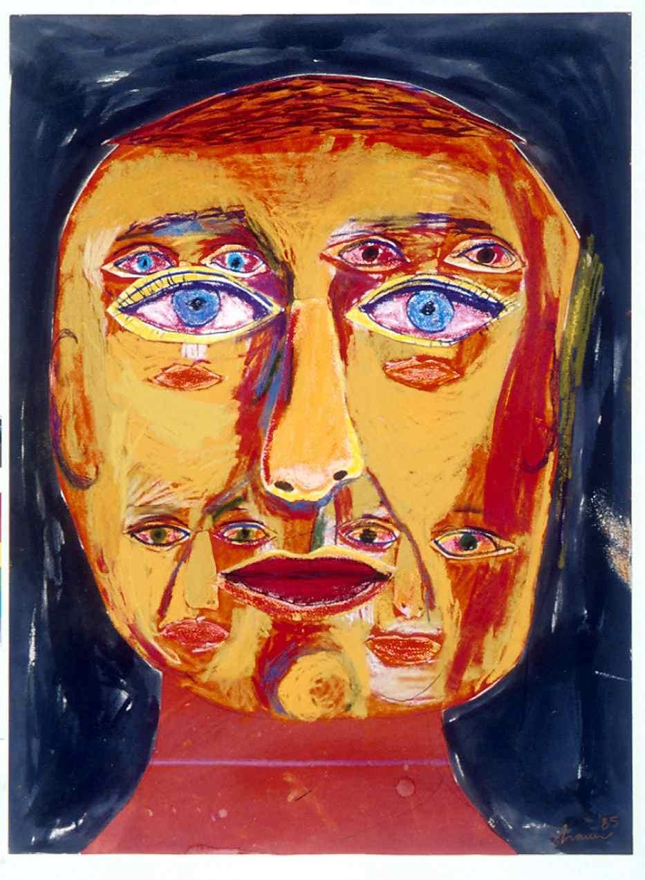 Mixed media painting depicting a head coloured yellow and red with additional sets of eyes and mouths on a blue black background