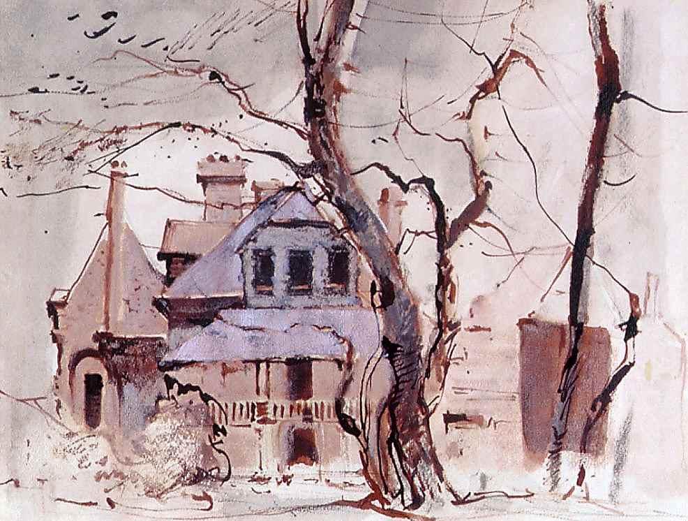 Watercolour painting in shades of brown depicting a large house with a brown tree in the foreground