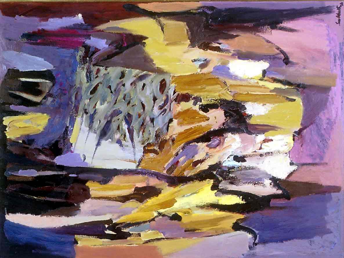 Abstract painting primarily in pink, purple and orange 