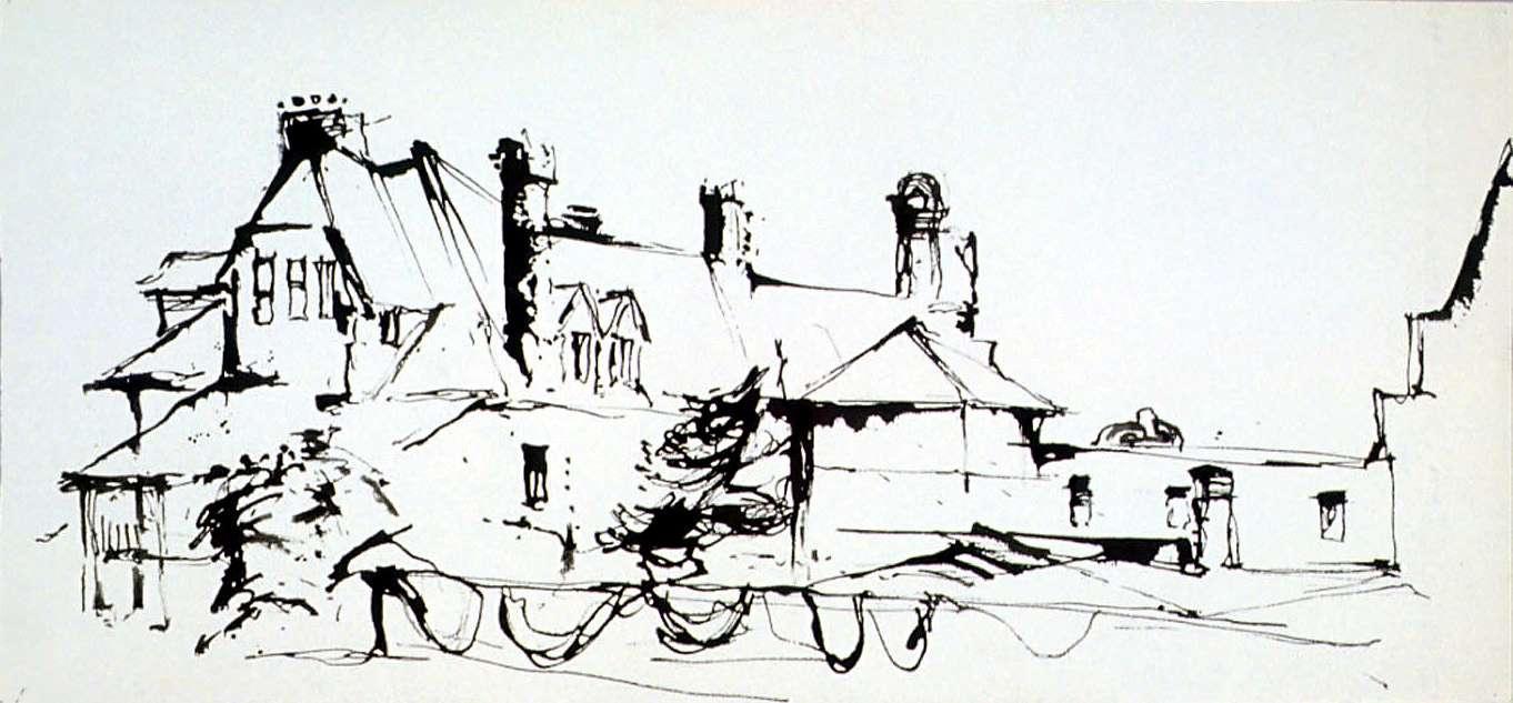 Black ink drawing depicting old Fremantle Lunatic Asylum 