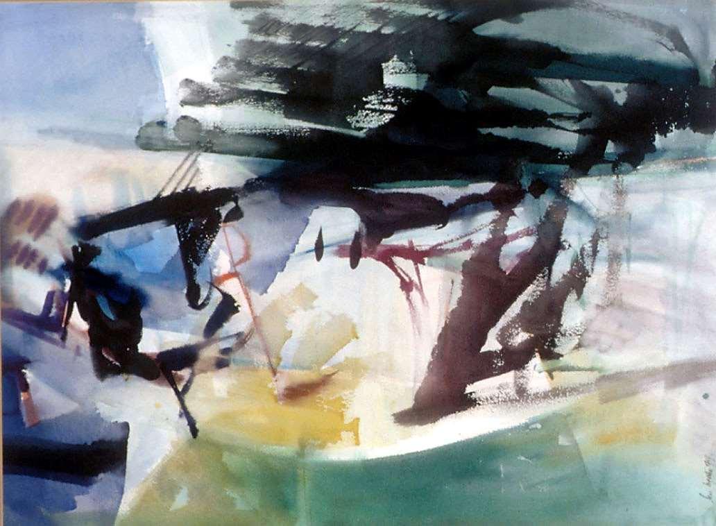 Abstract watercolour painting primarily in green, blue, white and yellow