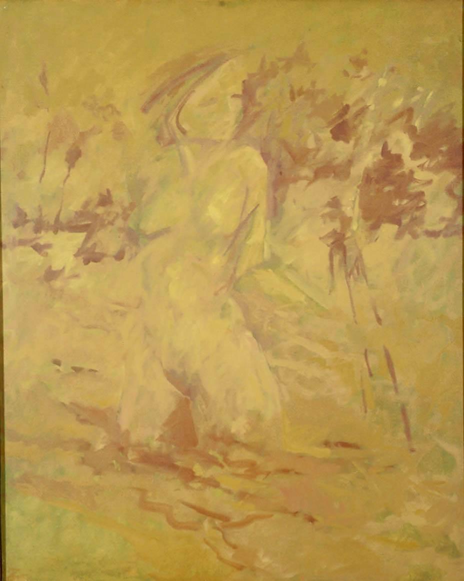 Oil painting depicting nude female figure. The background and figure are yellow. 