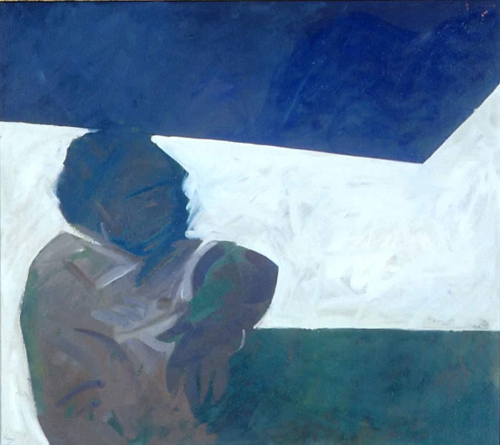 Male figure with brown skin in profile wearing brown shirt and pulling up a green blanket. white and blue background. 