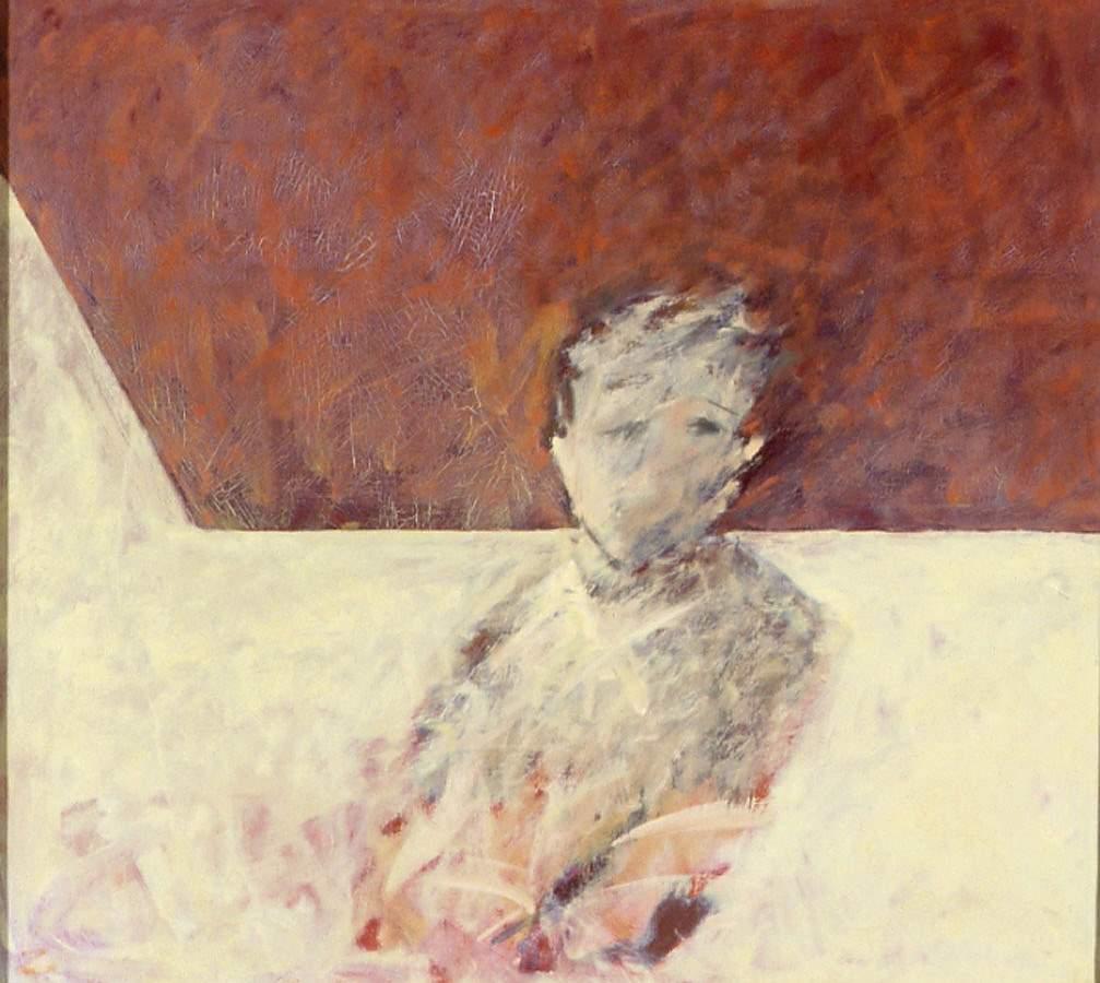 Male figure in centre of painting with blurred features. Red and white background