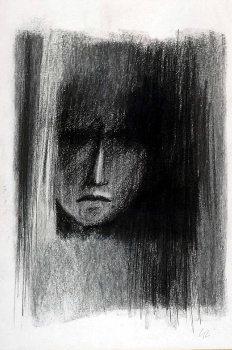 Charcoal drawing depicting the face of a child with deep shadows. 