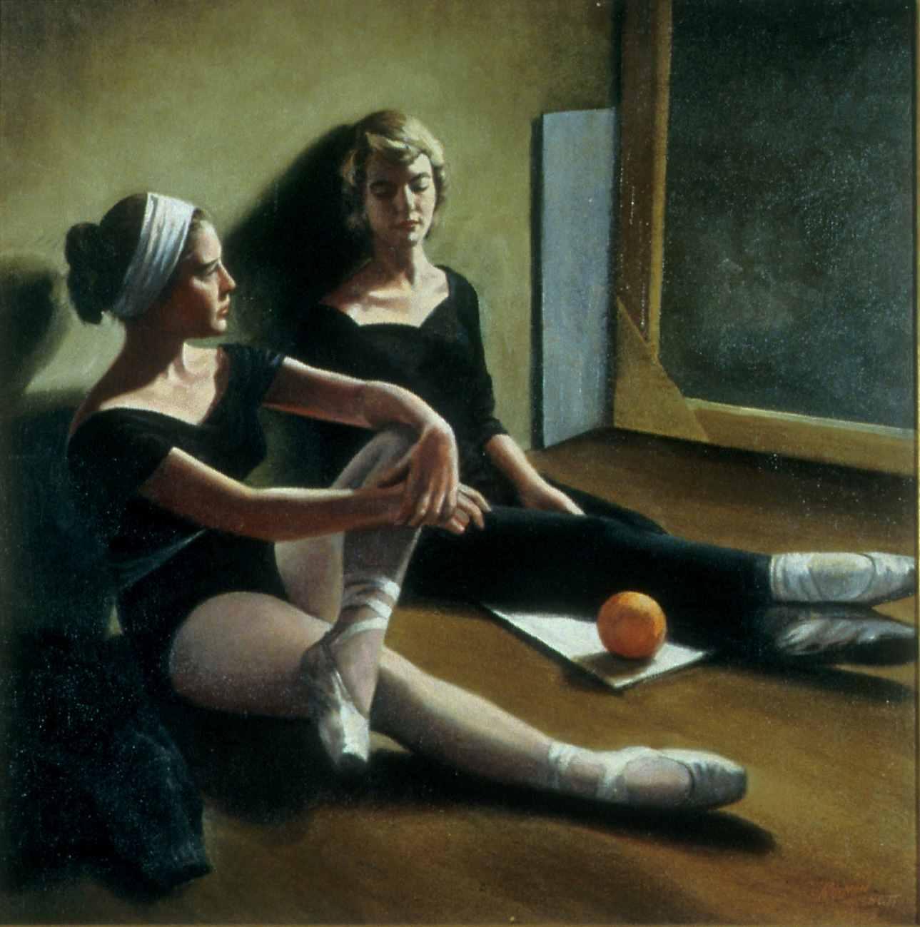 Two women ballet dancers in profile sitting on the floor leaning against a wall. The women are wearing black with white ballet shoes. The floor and walls are primarily brown. 