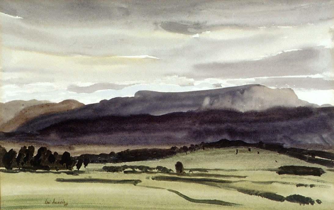 Landscape painting of the Great Western Tiers, showing green hills and trees and the mountain bluffs in the background 