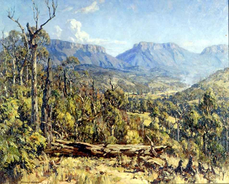 Painting of Cunninham's Gap in Queensland. Green trees and grass in the foreground with view of mountain ranges in the background