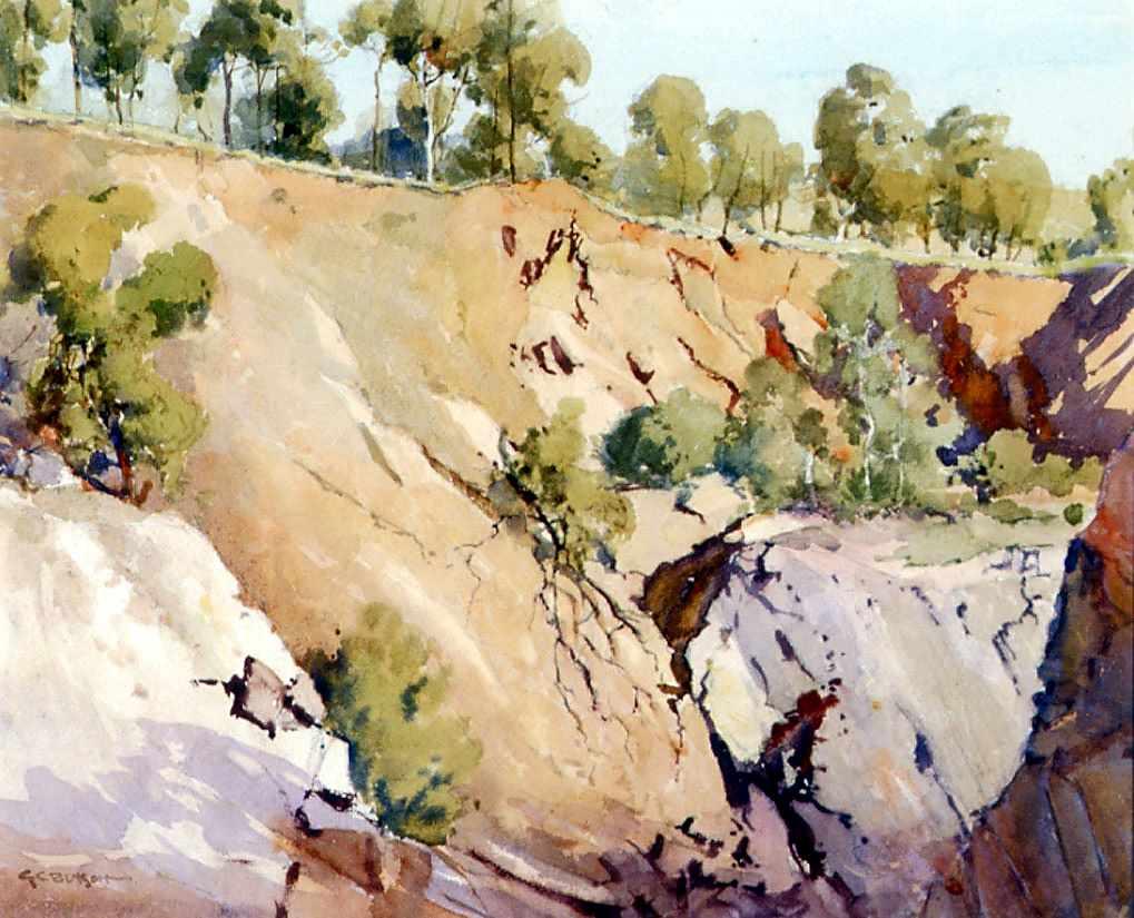 Painting of cliff wall with green shrubs dotted on the cliffside and green trees along the cliff edge at the top of the painting. 