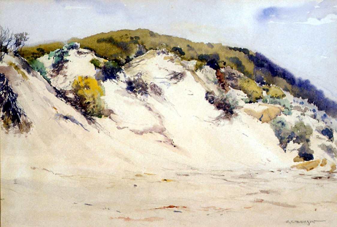 Painting of large white sand dune with green shrubs dotted throughout the sand dune and along the top of the dune. 