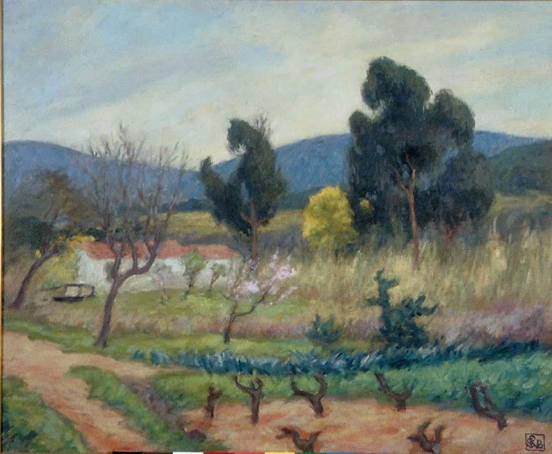 Landscape painting showing green grass and dirt roads. Green trees and shrubs are depicted in the foreground, including a pink blossoming tree in the centre, and darker green and blue hills in the background