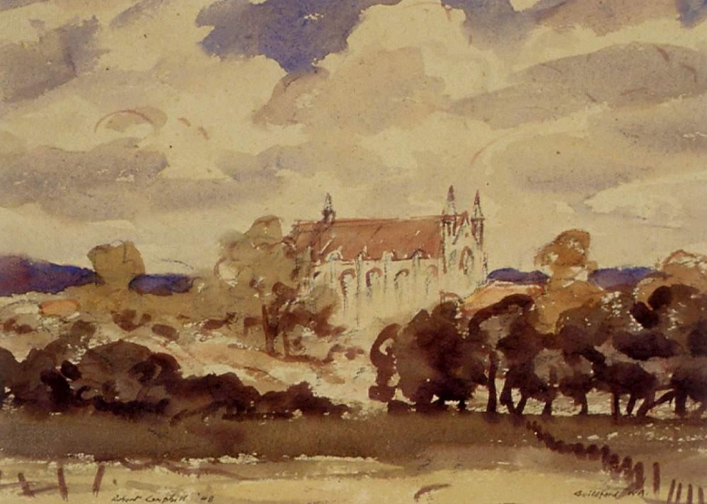 Painting depicting Guildford Chapel with light and dark green trees in the foreground