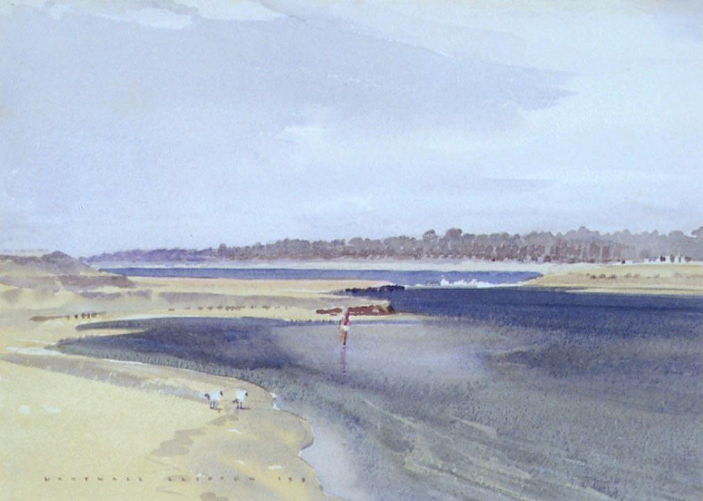 Painting of Mandurah foreshore, showing green banks and blue water. Trees in the background and two white seagulls are in the left foreground. 