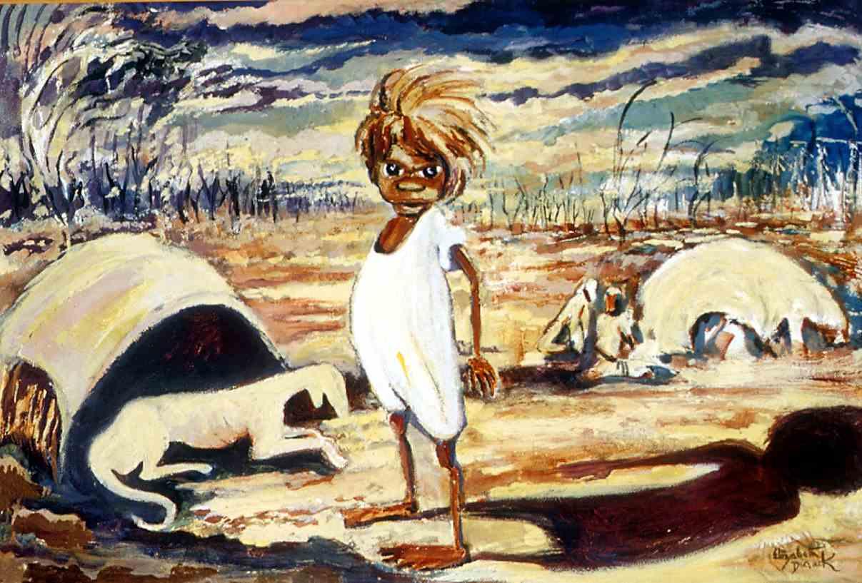 Depiction of an Aboriginal child wearing white one piece in the centre of the image. White tent-like structures depicted on the left of the painting, and one to the right in the background. Figure of a skinny white dog is depicted laying down in front of one of the tents on the right. Brownish red ground and blue sky