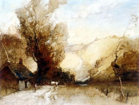 Monoprint landscape depicting brown road, building, and trees, with lighter brown/gold hills in the background